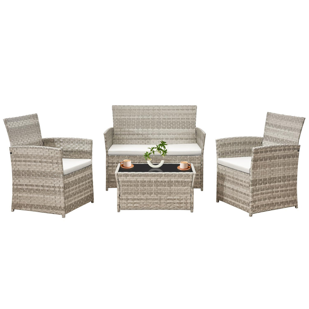 4 Person Rattan Patio Furniture Set with Sofa, Armchairs & Glass Table