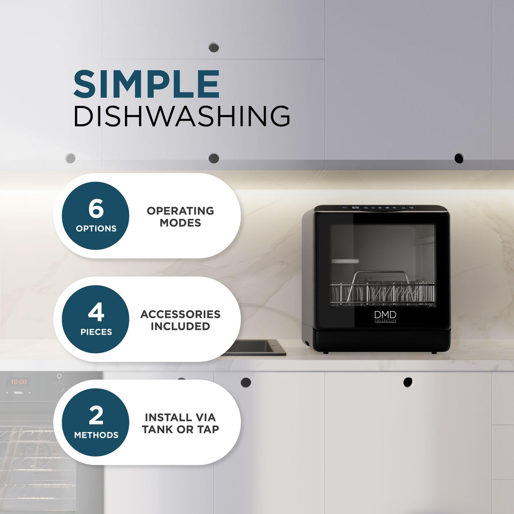 5L Compact Table Top Dishwasher with Touch Control, Drying & Fruit Wash - Black