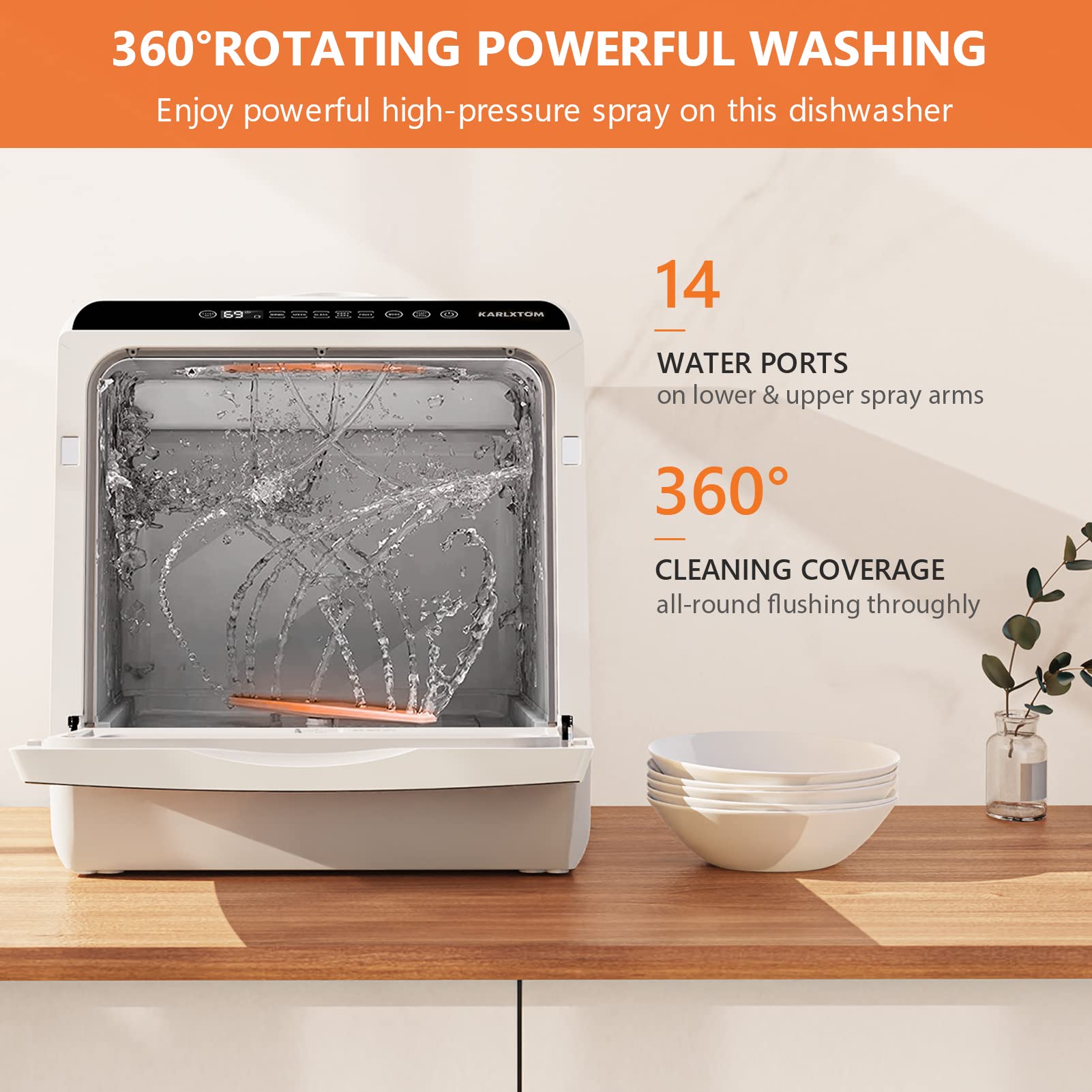 Compact Table Top Dishwasher with 6 Programs, 5L Water Tank & Auto Drying