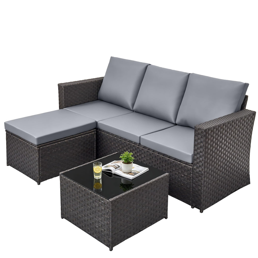 4 Seater Rattan Garden Corner Sofa Set with Ottoman & Glass Coffee Table