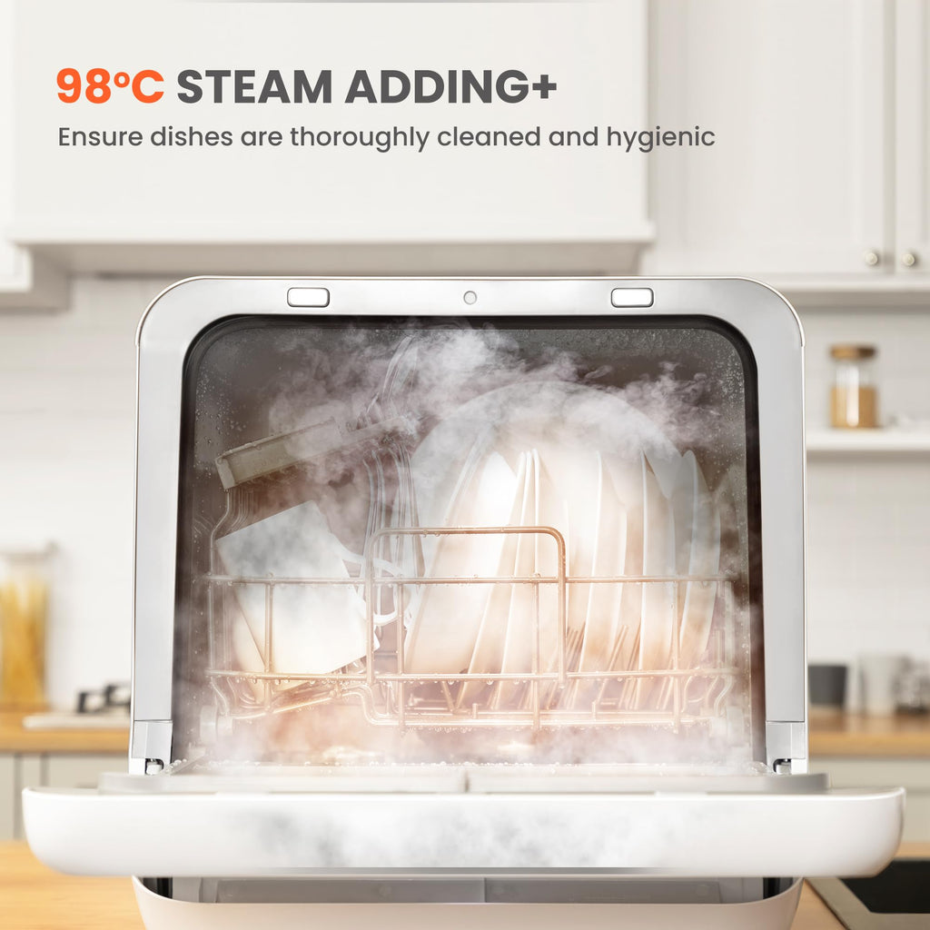 Compact Table Top Dishwasher with 5L Water Tank, 6 Wash Programs & Steam Function - White