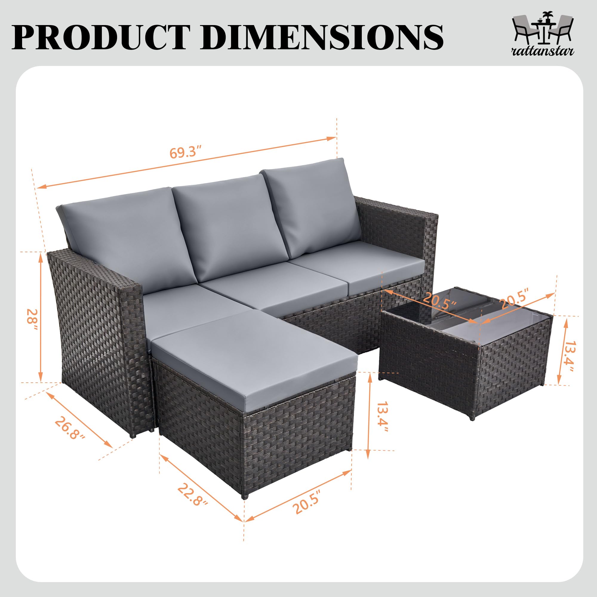 4 Seater Rattan Garden Corner Sofa Set with Ottoman & Glass Coffee Table
