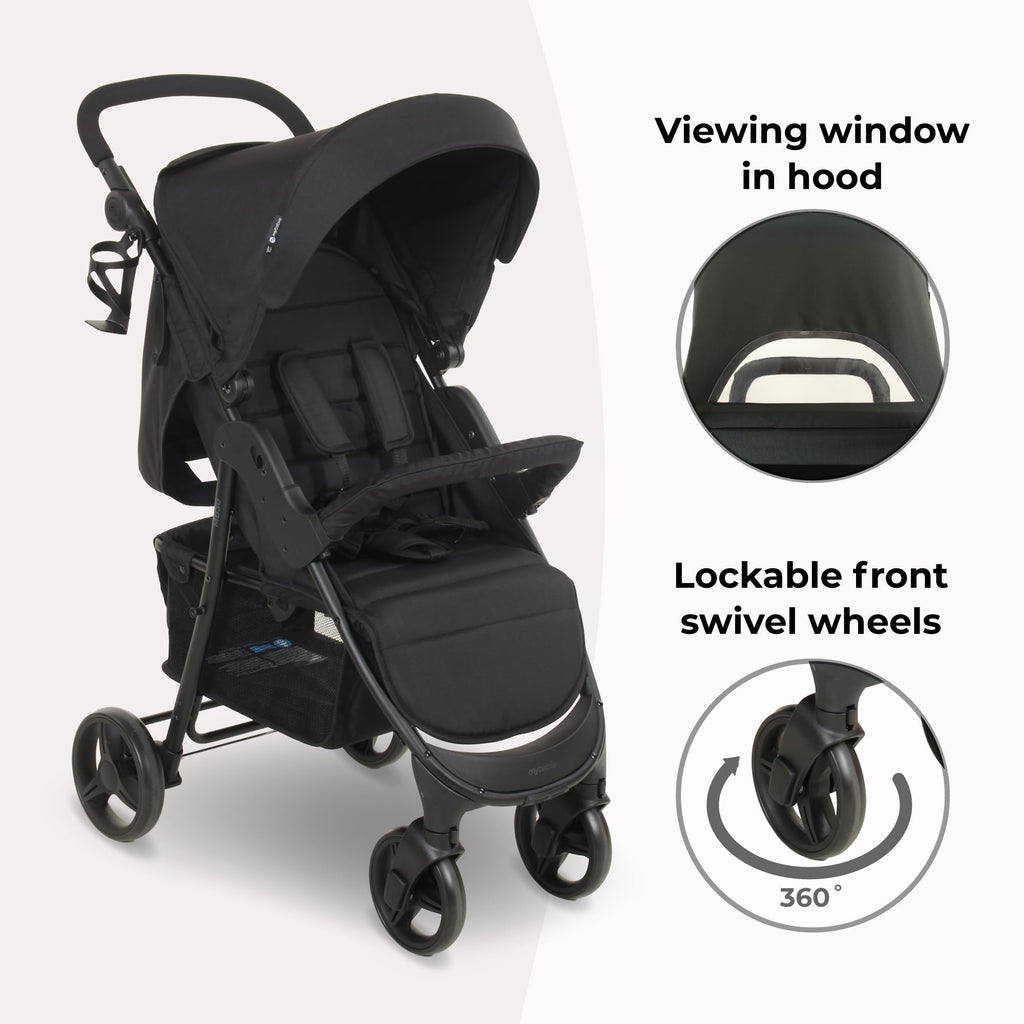 Compact Baby & Toddler Pushchair with Adjustable Recline, Large Basket & Rain Cover - Black