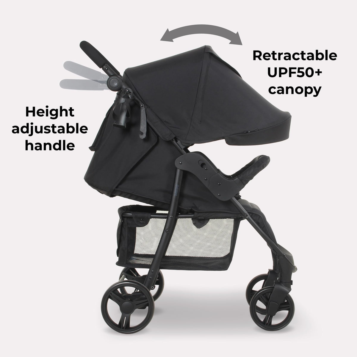 Compact Baby & Toddler Pushchair with Adjustable Recline, Large Basket & Rain Cover - Black