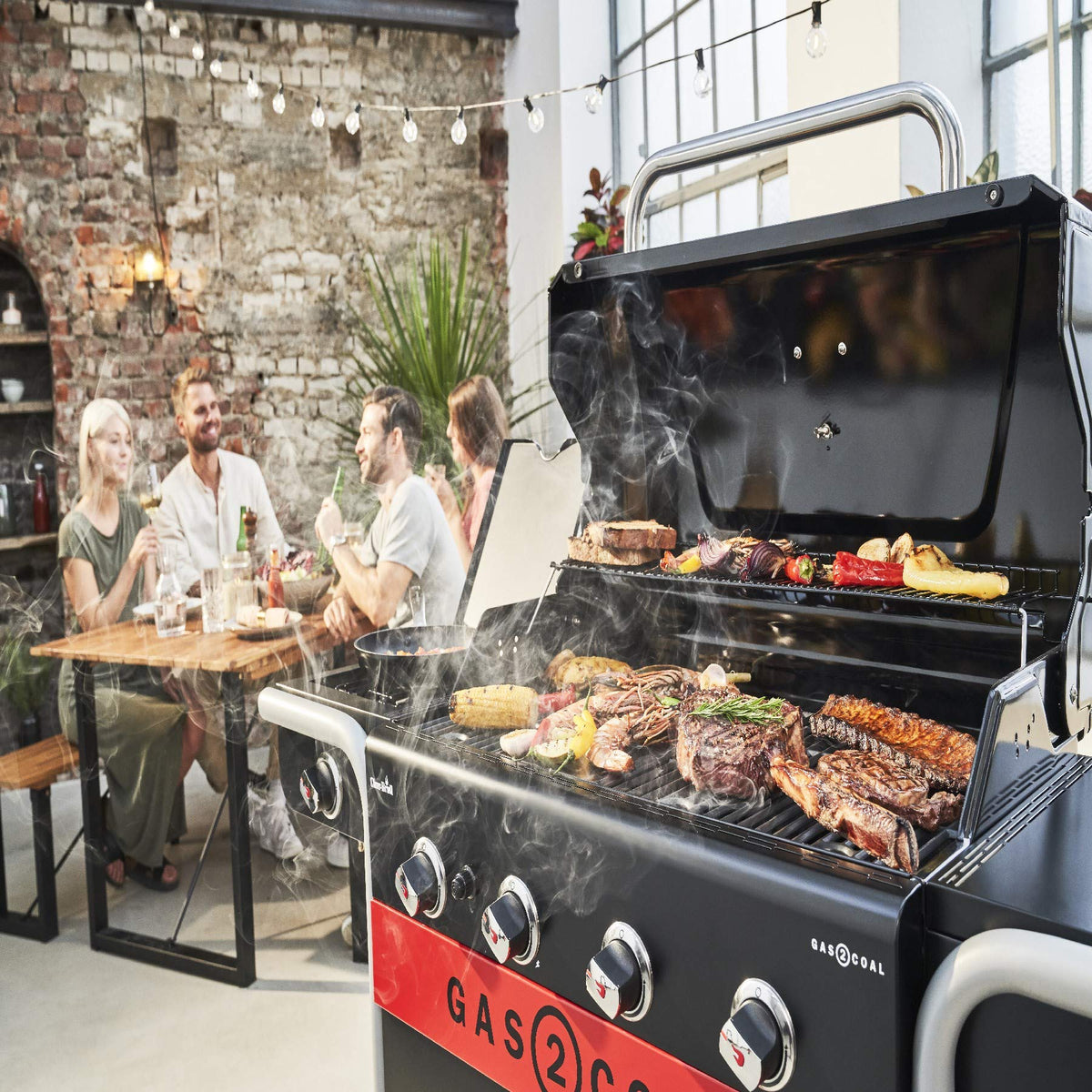 4-Burner Hybrid Gas & Charcoal Barbecue Grill with Electronic Ignition