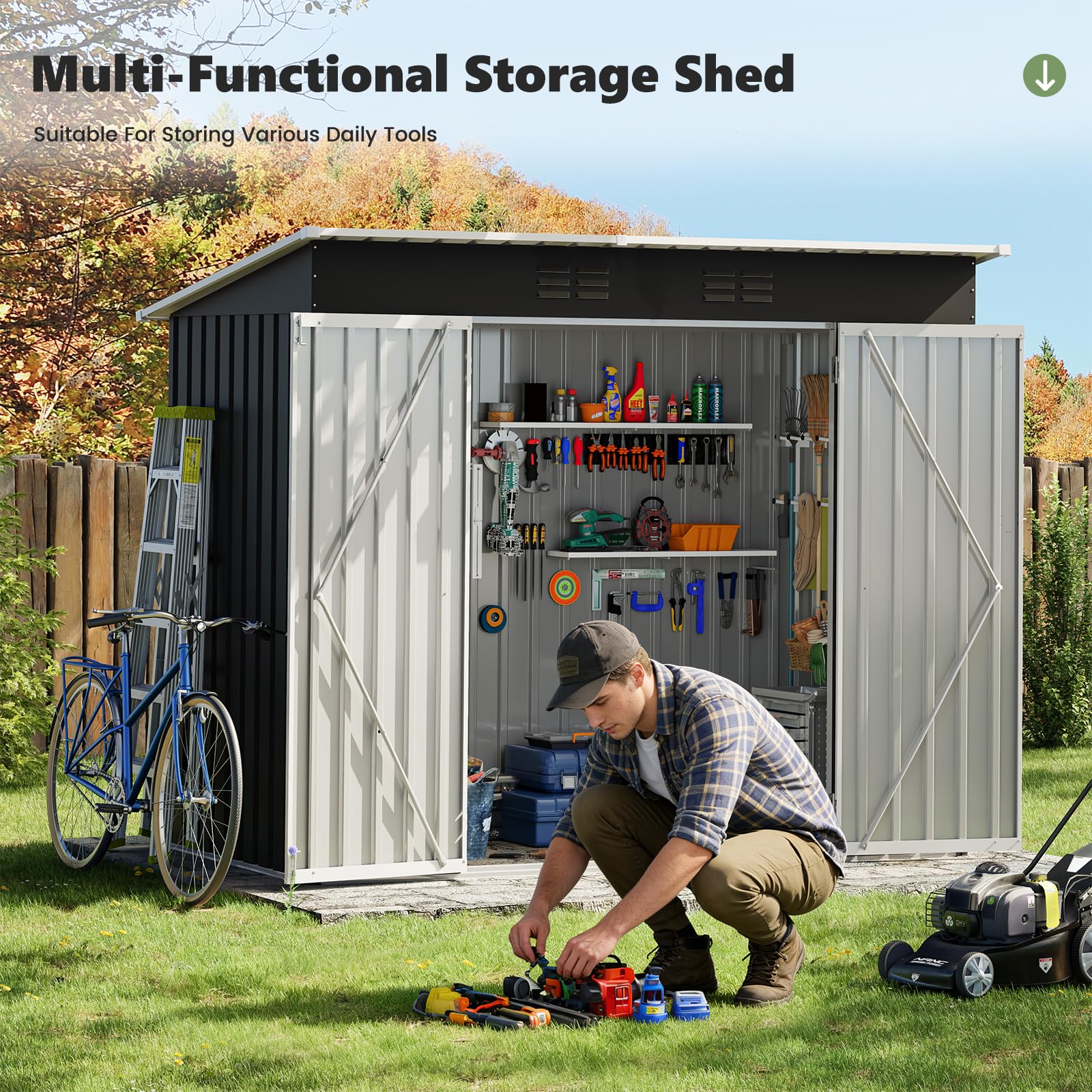 8 x 4ft Galvanised Metal Garden Storage Shed with Lockable Door