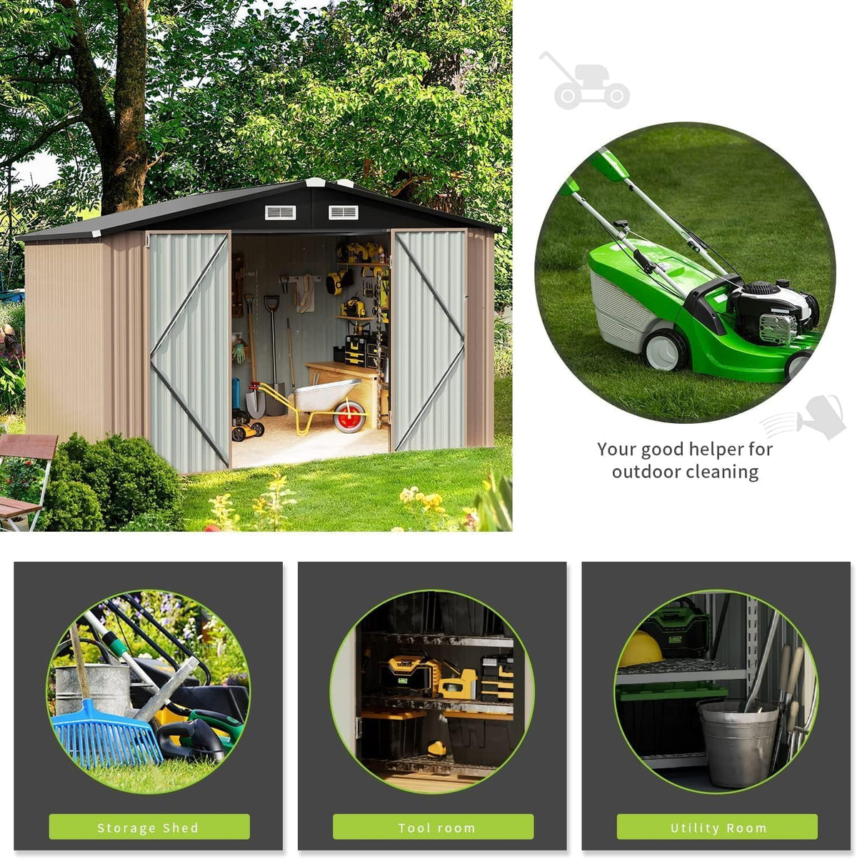 10 x 8ft Large Galvanised Metal Garden Storage Shed with Lockable Doors