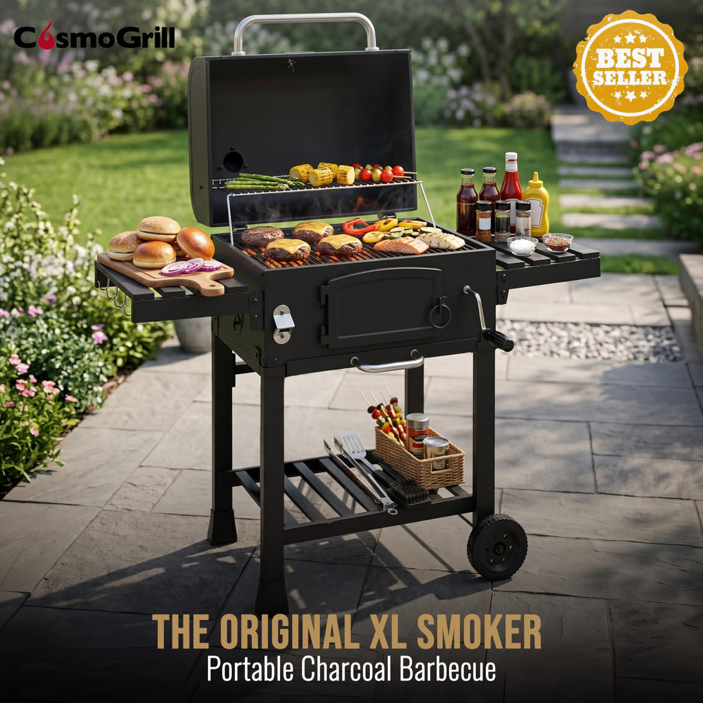 XL Charcoal Smoker Barbecue with Adjustable Coal Tray & Folding Side Tables