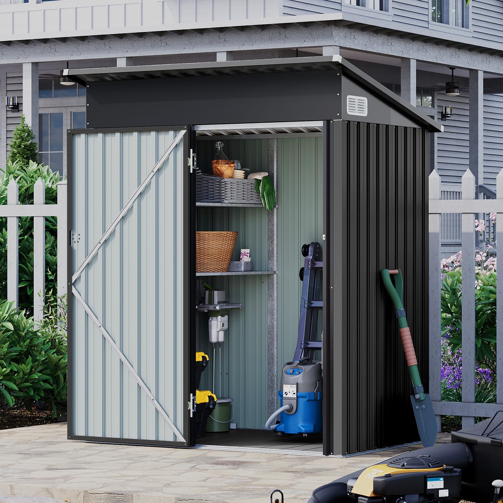 5 x 3ft Galvanised Metal Garden Storage Shed with Floor & Adjustable Shelves