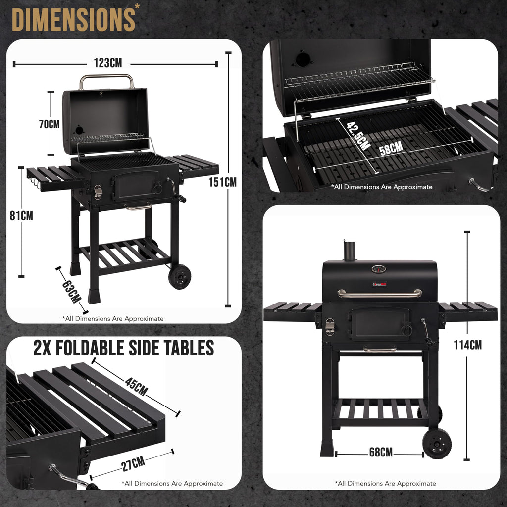 XL Charcoal Smoker Barbecue with Adjustable Coal Tray & Folding Side Tables