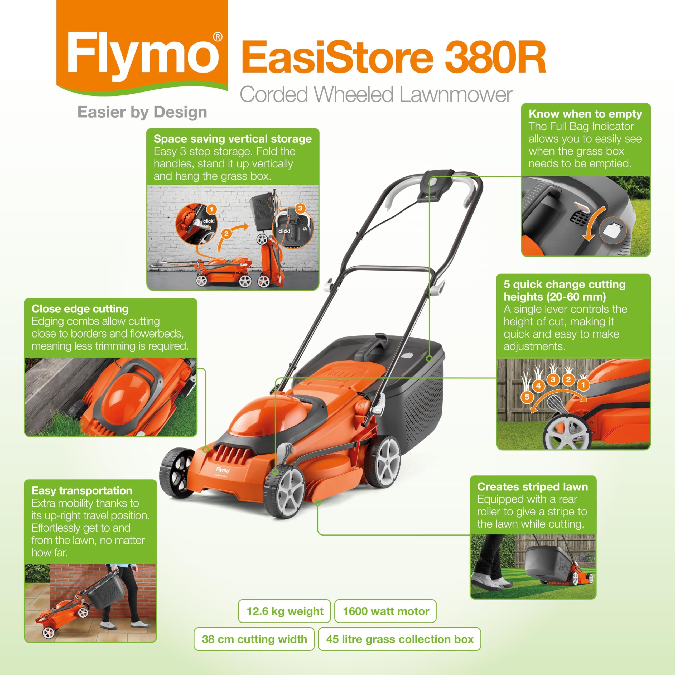 1600W Electric Lawn Mower with 38cm Cutting Width & 45L Grass Box