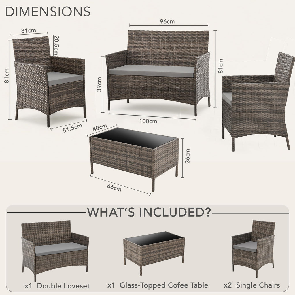 4 Seater Outdoor Rattan Sofa & Chair Set with Tempered Glass Table