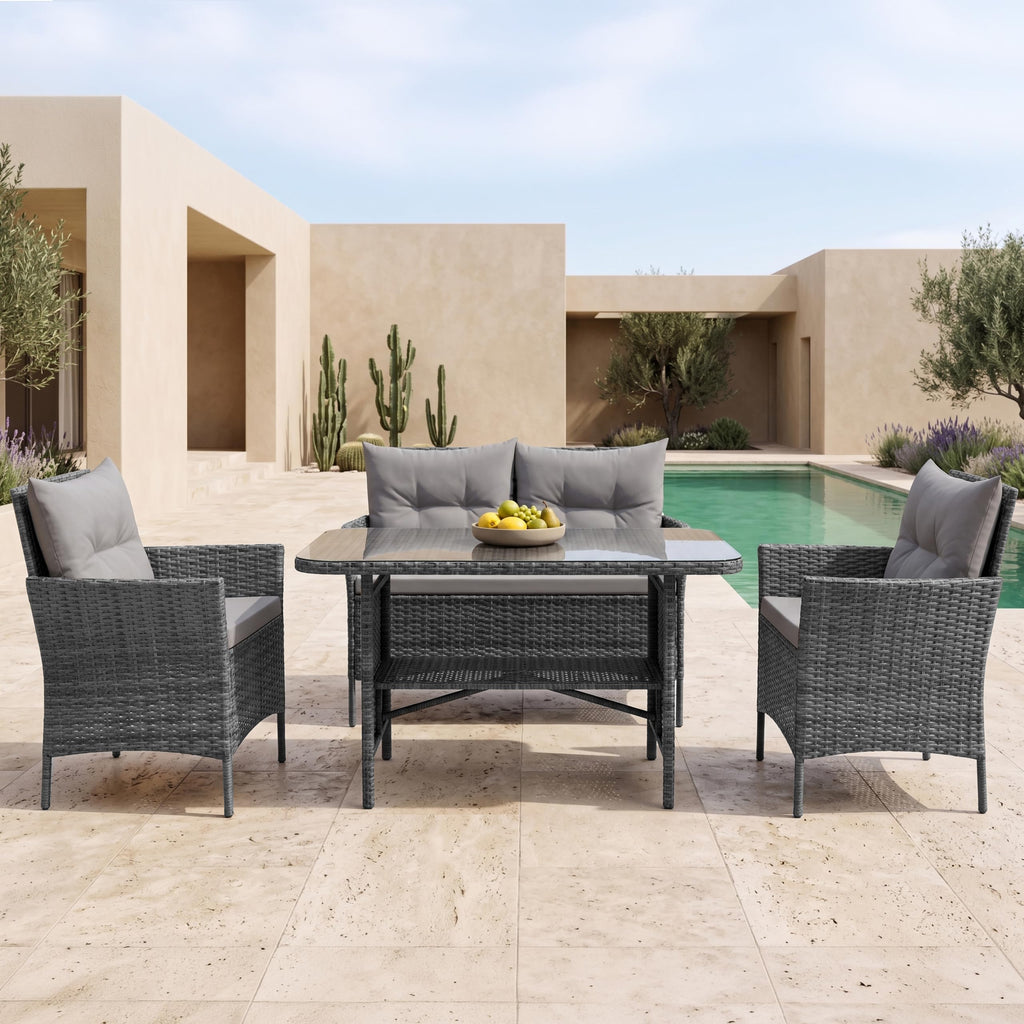 4 Seater Outdoor Rattan Dining Furniture Set with Glass Table