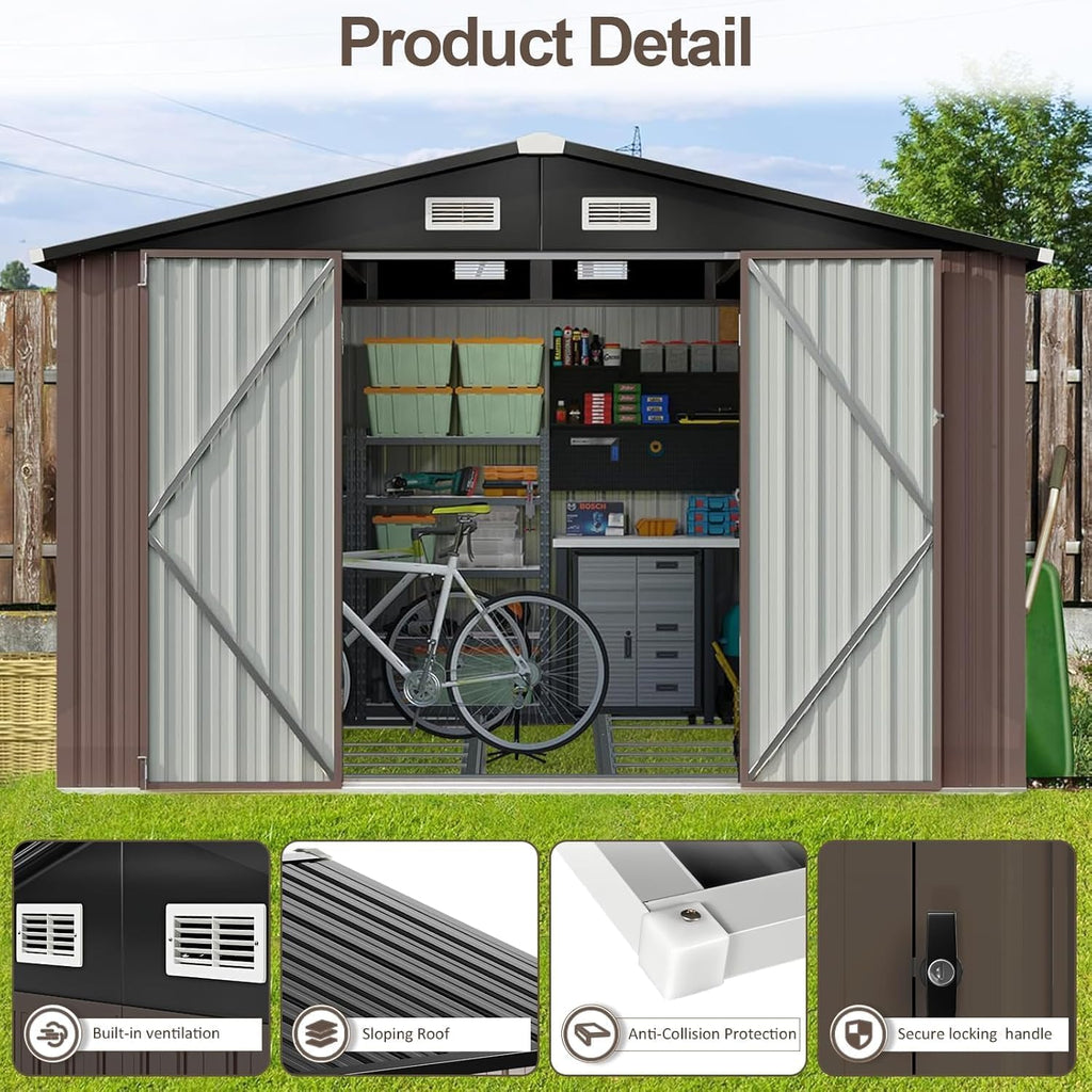 10 x 8ft Large Galvanised Metal Garden Storage Shed with Lockable Doors