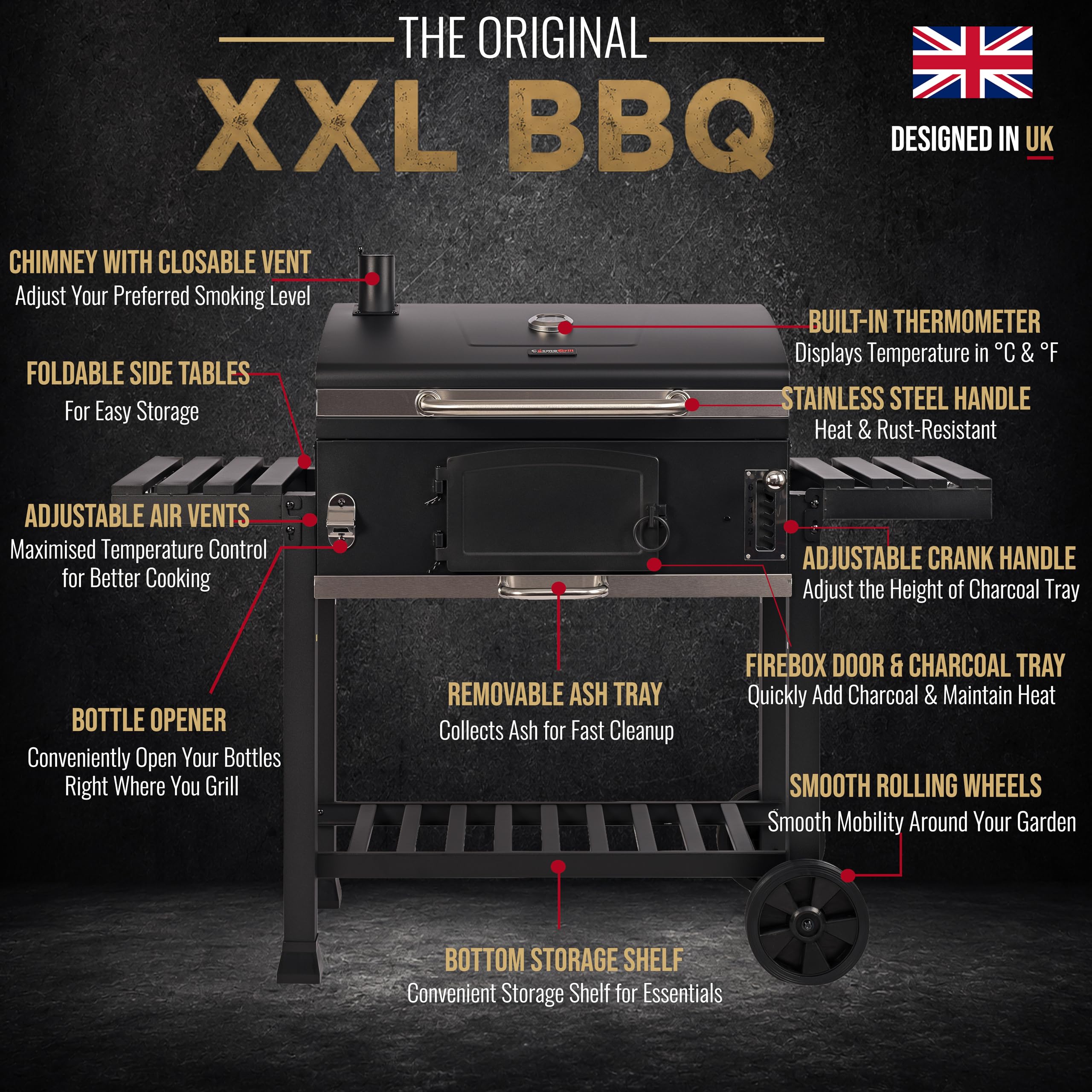 XXL Charcoal Smoker Barbecue with Adjustable Coal Tray & Thermometer