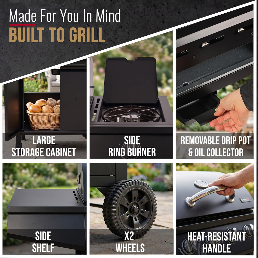 5 Burner Gas Barbecue Grill with Side Burner, Warming Rack & Storage