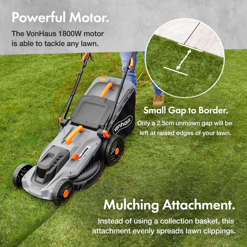 1800W Electric Lawn Mower with 43cm Cutting Width, 52L Grass Box & Mulching Function