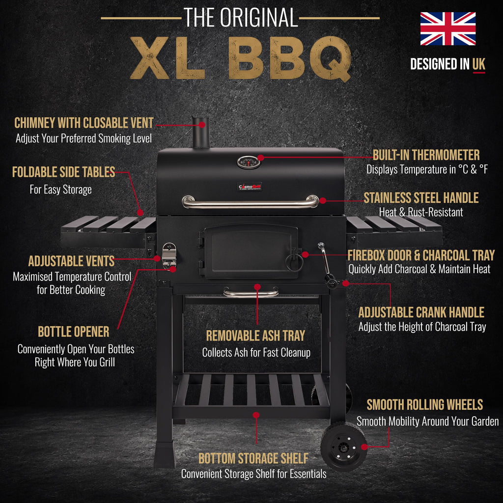 XL Charcoal Smoker Barbecue with Adjustable Coal Tray & Folding Side Tables