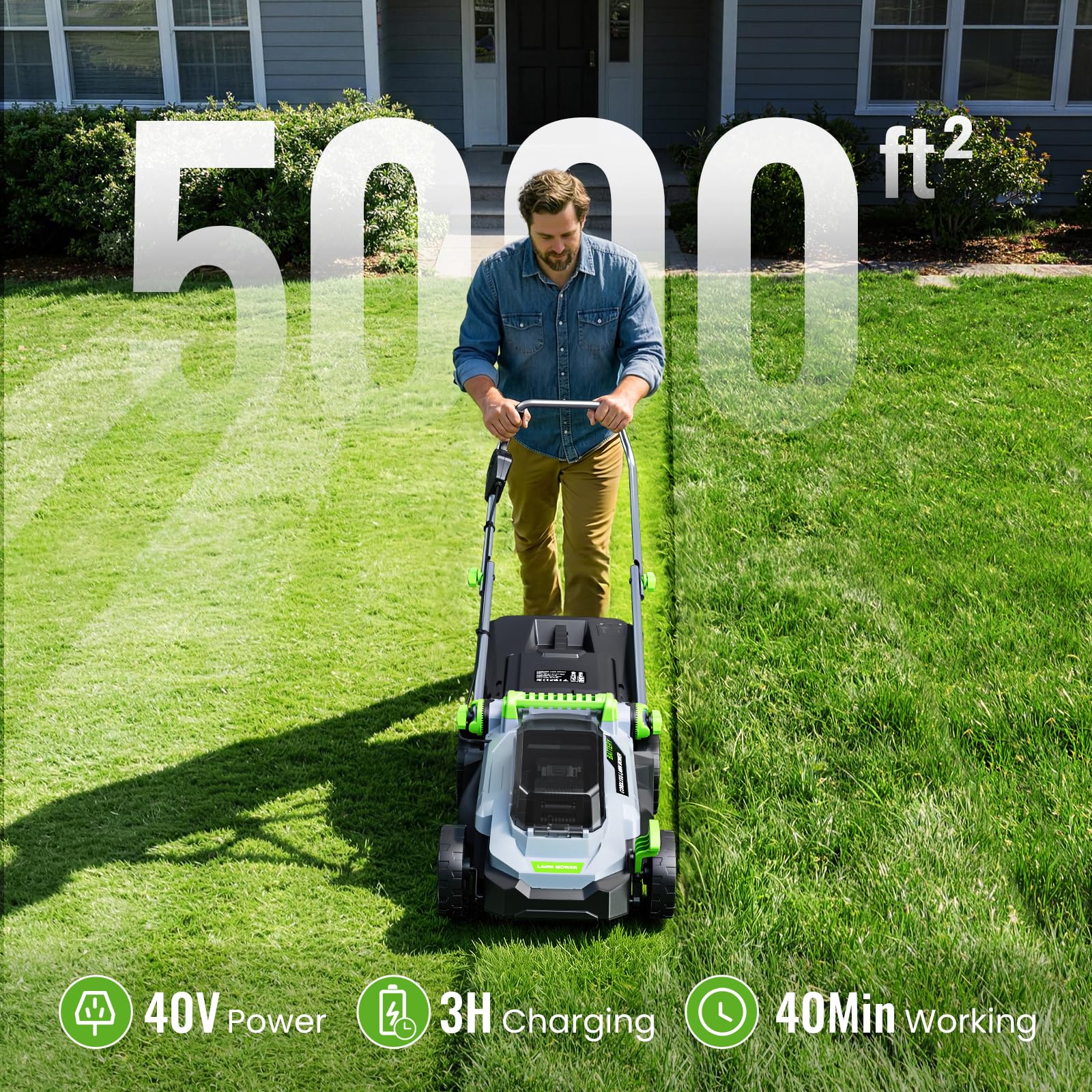 40V Brushless Cordless Lawn Mower with 34cm Cutting Width, 2 Batteries & Charger