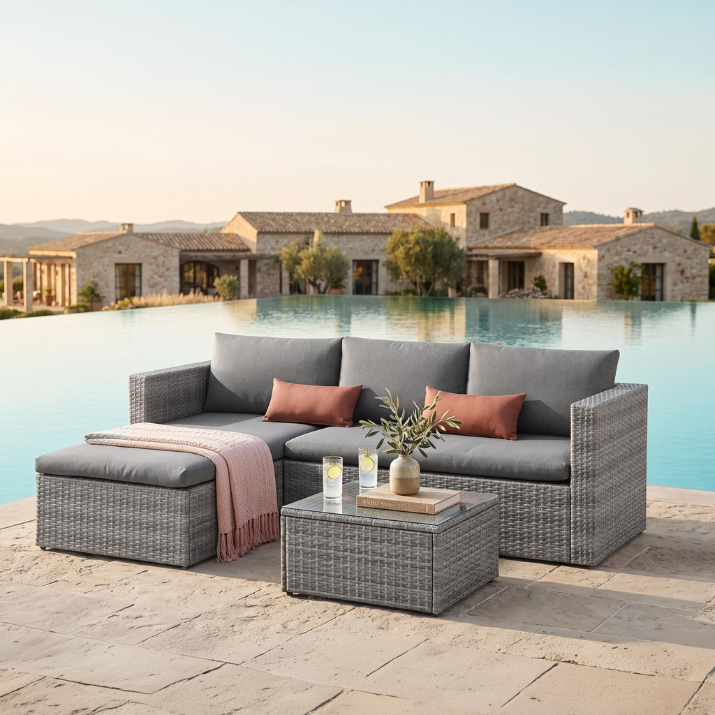 Rattan Garden Lounge Sofa Set with Ottoman & Glass Coffee Table