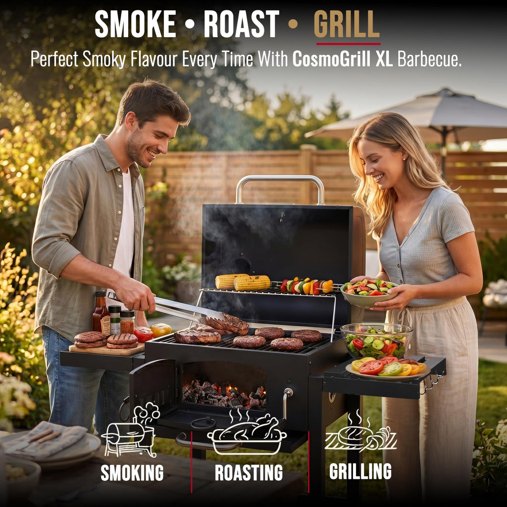 XL Charcoal Smoker Barbecue with Adjustable Coal Tray & Folding Side Tables