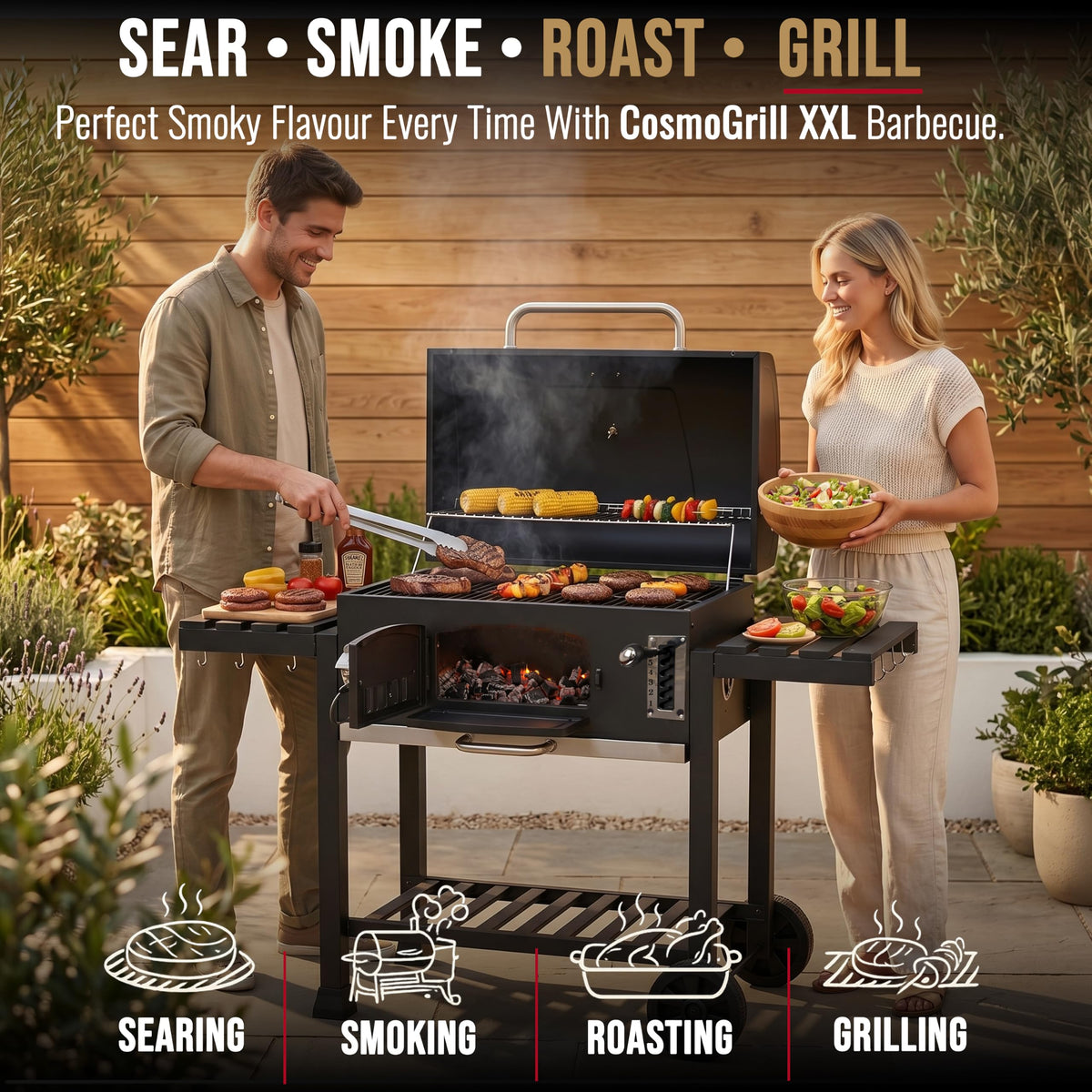 XXL Charcoal Smoker Barbecue with Adjustable Coal Tray & Thermometer