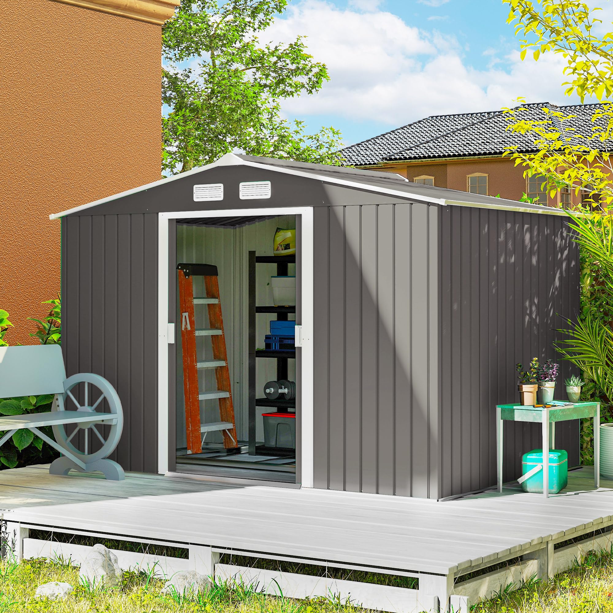 9 x 6ft Galvanised Metal Garden Storage Shed with Double Doors & Foundation Kit