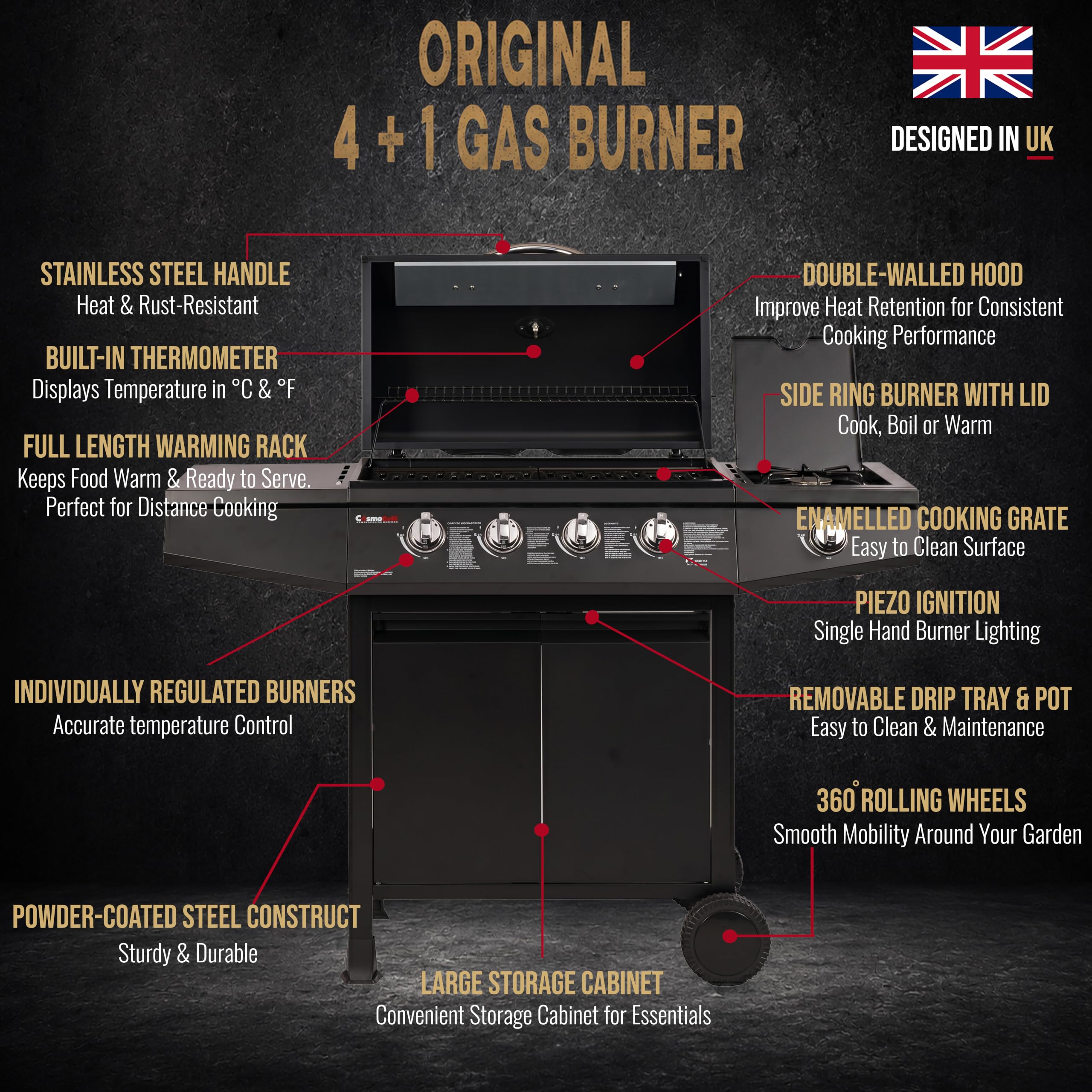 5 Burner Gas Barbecue Grill with Side Burner, Warming Rack & Storage