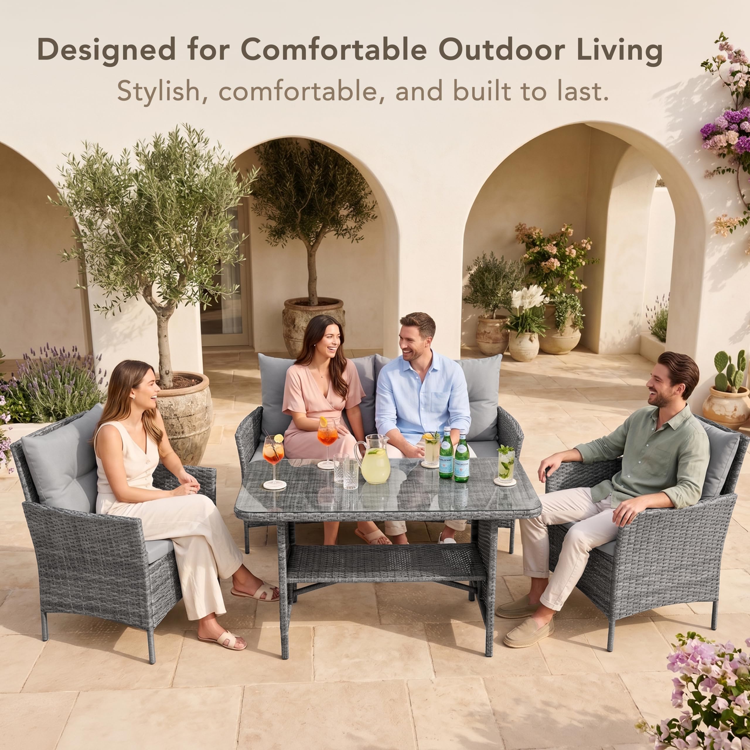 4 Seater Outdoor Rattan Dining Furniture Set with Glass Table