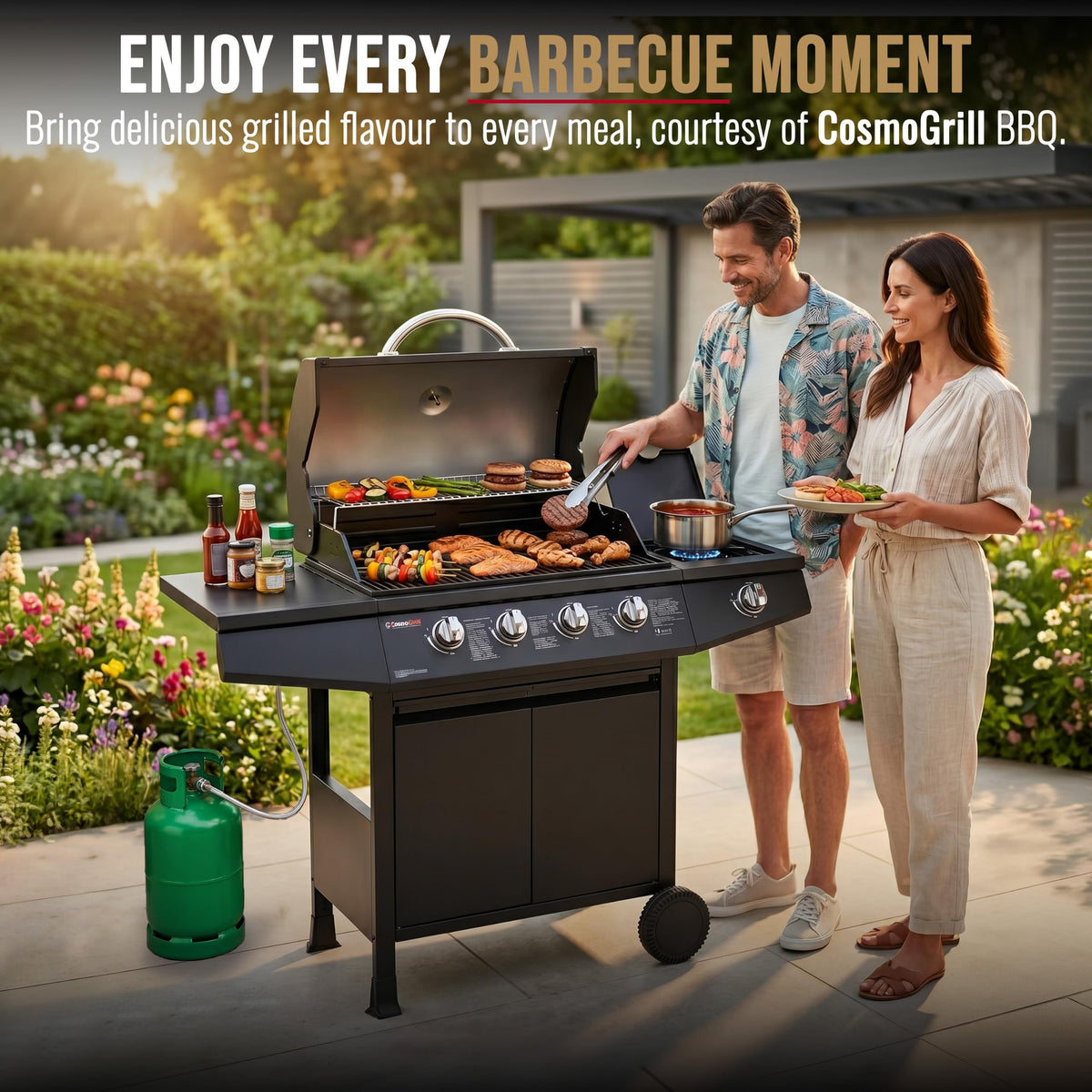 5 Burner Gas Barbecue Grill with Side Burner, Warming Rack & Storage