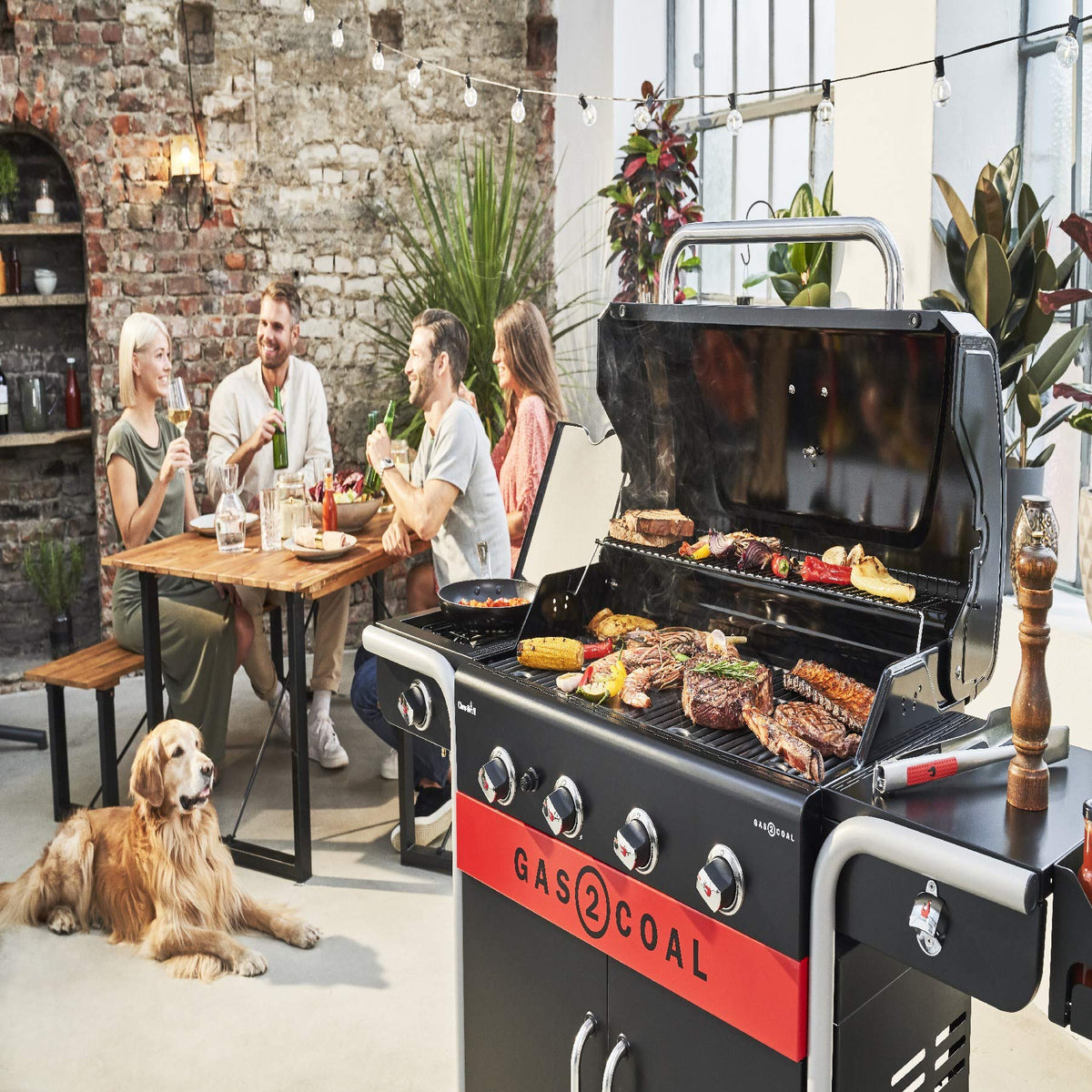 4-Burner Hybrid Gas & Charcoal Barbecue Grill with Electronic Ignition