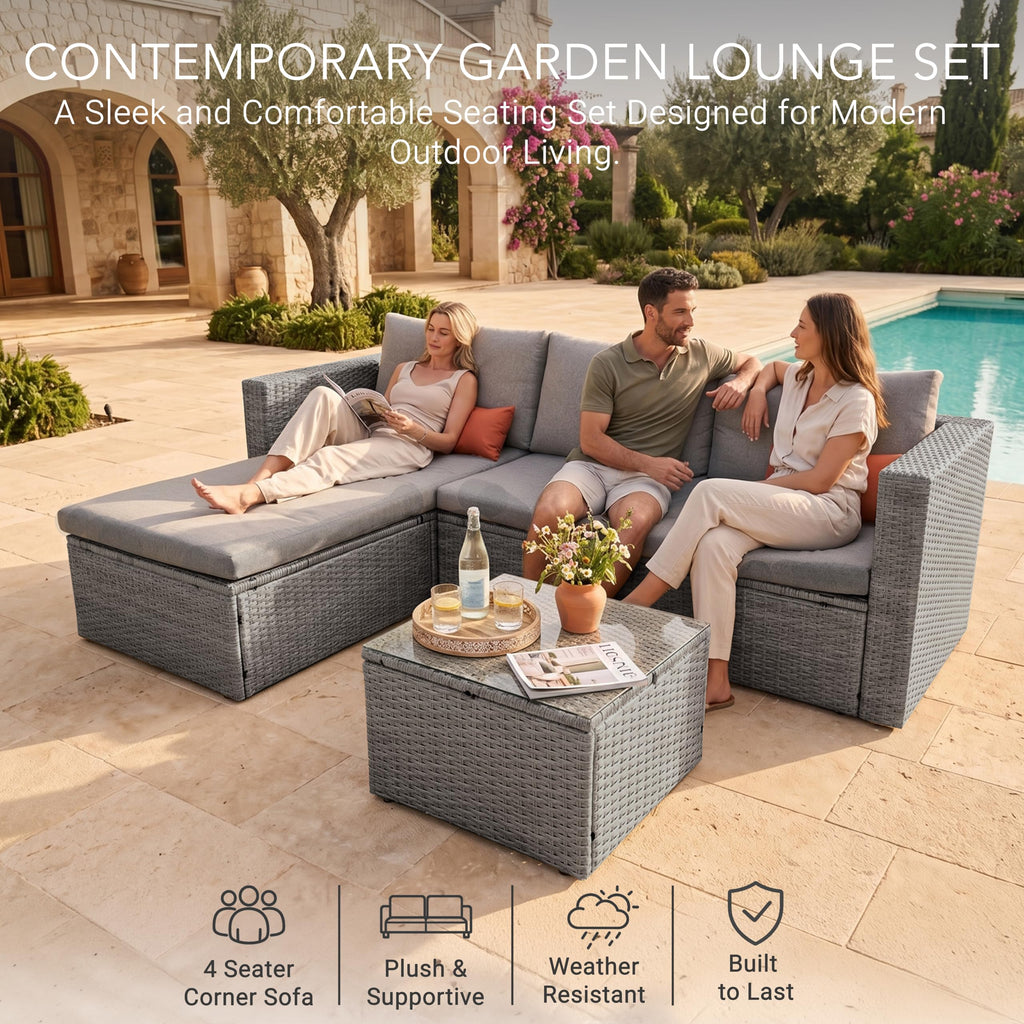 Rattan Garden Lounge Sofa Set with Ottoman & Glass Coffee Table